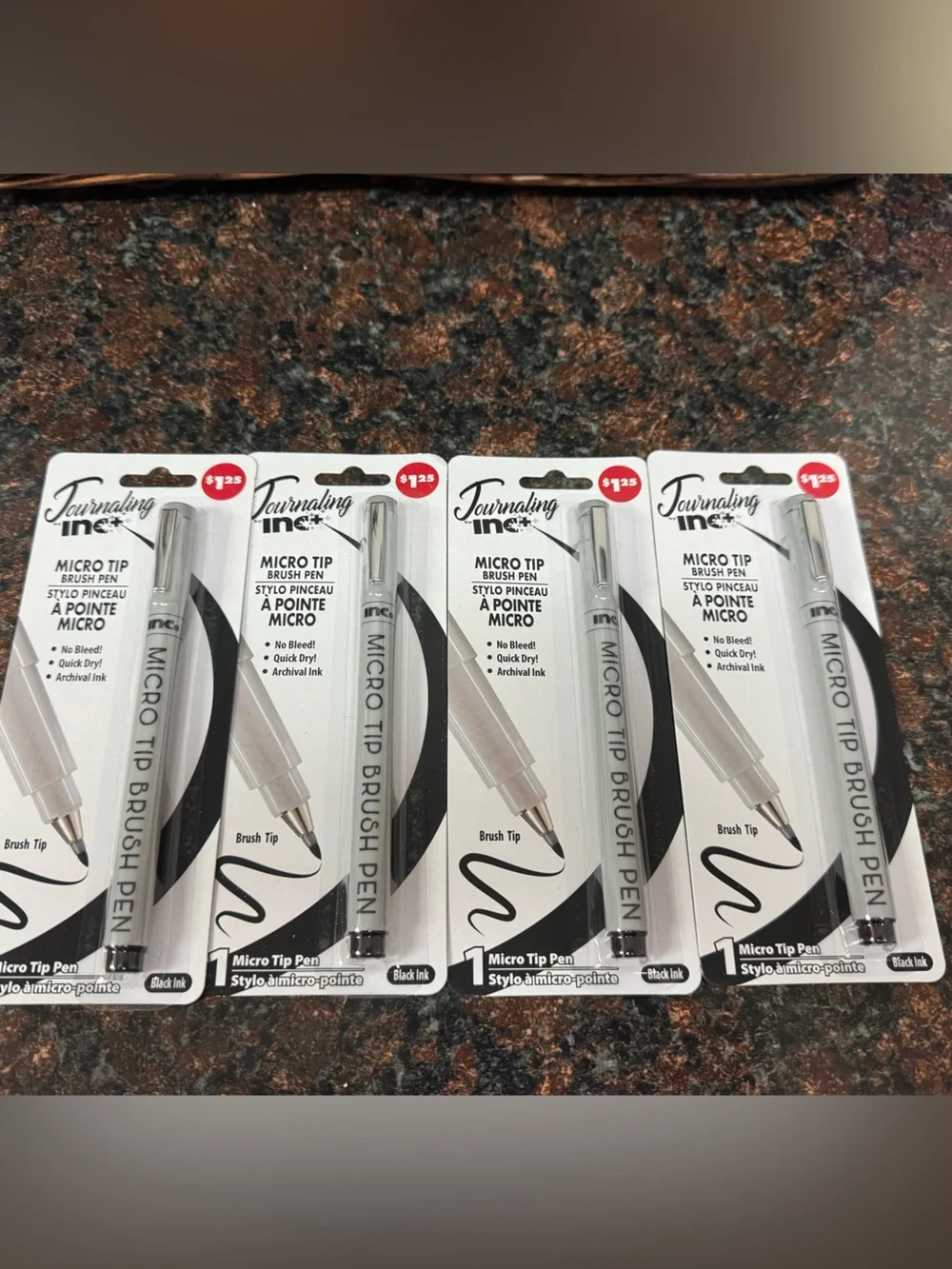 Journaling Inc Fine Tip Micro Brush Pens — Silver Barrel, Black Ink Set of 4
